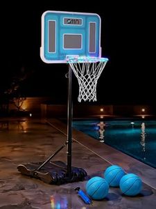 A11N SPORTS Pool Basketball Hoop with 16.5" LED Rim, Adjustable Height, PET Backboard, Sturdy Base, Ball & Pump Included – Water Basketball Game for Poolside Play