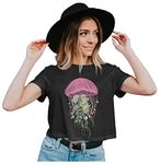 Heybroh Women's Crop Top Jellyfish & Flowers 100% Cotton (Black; X-Small)