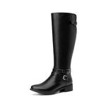 EETTARO Women's Fashion Knee High Boots Low Flat Heel Winter Boot Side Zip Adjustable Buckles Boots, Black Pu, 6.5 UK