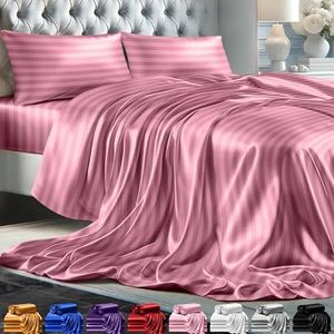 DECOLURE Satin Sheet Set, 4pc - Full Size, Striped Pink, Silky Soft Bed Linen Set for All Seasons - Includes Deep Pocket Fitted & Pillowcase