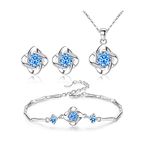 FFWTPY Womens Clover Jewellery Set Plated White Gold Crystal Four-Leaf Necklaces Bracelet and Earrings Set Cubic Zirconia Pendant Jewellery Set Gifts for Mum Her Wife (Blue)