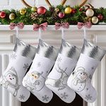 Sosation 4 Pcs White Christmas Stockings Large Xmas Santa Stockings with Silver Reindeer Snowflake Snowman Penguin Fireplace Tree Decorations Hanging Ornament for Xmas Decor, 17 Inches(Classic)