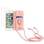 Kaslly Case with Rope for iPhone 6 Plus/6S Plus/7 Plus/8 Plus+[2 Pack Screen Protector], Case with Card Slot, Protect Sliding Camera Cover, Double Sided Protection Cover-Pink