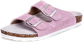 Asifn Mens Women's Cork Sandals Adjustable Suede Leather Strap Buckle Soft Platform Footbed Clogs Open Toe Slip on Flats Slippers Slides Shoes , 6/6.5 UK, Pink 3
