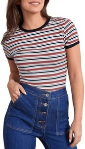 Milumia Women's Casual Multi Striped Ribbed Knit Short Sleeve Tee Knit Top Tshirt Red Black and White Medium