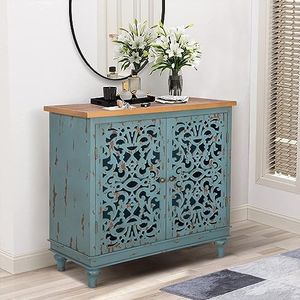 MFSTUDIO Accent Storage Cabinet Buffet Cabinet, Distressed Wooden and Hollow-Carved Floral Sideboard Storage Cabinet with 2 Doors, Decorative Storage Cabinets for Living Room Entryway, Blue Large