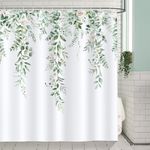 Bonhause Green Eucalyptus Leaves Shower Curtain Watercolor Leaves Plant with Floral Bathroom Curtain 180 x 180 cm Waterproof Mildew & Mould Resistant Polyester Fabric Bath Curtain with 12 Hooks