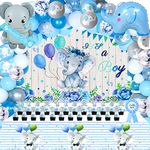 134PCS Elephant Baby Shower Decorations for Boy Baby Boy Shower Decorations Include Elephant Theme Balloon Garland Arch Kit Backdrop Tablecloth Cake Toppers Mommy Sash and Daddy Badge
