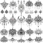 EGMBGM 15 Sheets Sexy Black Henna Mehndi Lotus Temporary Tattoos For Women Fake Jewelry Lace Moon Moth Flowers Pendant Temp Tattoos Temporary Sticker For Girls Arm Neck Chest Breast Hanna Hena Tatoos