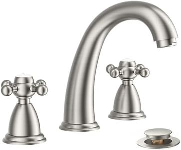 FORIOUS Faucet for Bathroom Sink 3 Hole, Brushed Nickel Bathroom Faucet Widespread with Pop Up Drain and Water Hose Supply, 2 Cross Handle Design, for Vanity RV Farmhouse Sink