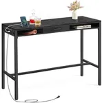 VASAGLE Bar Table with Power Outlet, 47.2 Inches Bar Height Pub Table, Rectangular Storage Kitchen Table with Movable Drawer, 2 Hooks, Narrow High Top Table for Dining, Home, Entryway, Ebony Black