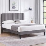 VECELO 4ft6 Double Bed Frame Upholstered Platform Bedframe with Adjustable Velvet Headboard, Sturdy Wooden Slat Support, No Box Spring Needed, Easy Assembly, Dark Grey