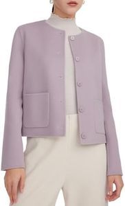 Women's Purple 100% Merino Wool Double-Faced Cropped Jacket Blazer - Round Neck Single-Breasted Side Pockets for Fall Winter Office Casual Everyday Wear