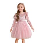 Girls Dress Long Sleeve Ruffled Velvet Sequins Tulle Dress Birthday Party Princess Dress for Toddler Girl 6-7 Years Pink