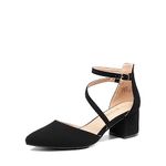 DREAM PAIRS Women's Closed Pointed Toe Low Chunky Heels Pumps Ankle Strap Wedding Business Dressy Shoes SDPU2354W,Size 7,Black-Nubuck,SDPU2354W