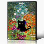 Gustav Klimt Canvas Wall Art Famous Oil Paintings Garden Flower Black Cat Poster Funny Cat Floral Print Colorful Abstract Farmhouse Gallery Aesthetic Room Decor for Bedroom Bathroom 12x16in Framed