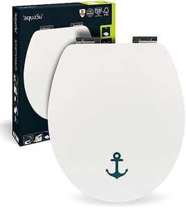 aquaSu® 40375 7 Toilet Seat with Soft-Close Mechanism, Maritime Decor Ship Anchor, Toilet Seat with Wooden Core, Fast Fix Quick Attachment, Universal O Shape, with Metal Hinges, Maritime Toilet Lid