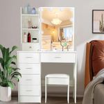 Koestem White Bedroom Dressing Table with Stool, Makeup Vanity Desk with Lighted Mirror and 5 Drawers, Bedroom Furniture Set for Women and Girls, Small for Saving Space