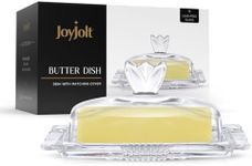 JoyJolt Clear Glass Butter Dish with Lid - Fancy Butter Stick Holder Wide Butter Dish for 4oz Sticks. Vintage-Style Covered Tray for Cute Farmhouse Butter Container Aesthetic.