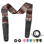 LEKATO Acoustic Guitar Strap, Electric Guitar Strap leather guitar Belt with 6 Guitar Picks & 2 Strap Locks Flower Embroidery Pattern for Acoustic and Electric Guitars (Red-Vintage Woven)