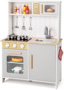 HONEY JOY Kids Kitchen Playset, Pretend Play Kitchen Set with Lights & Sounds, Stove, Oven, Sink, Faucet, Microwave, Cookware, Wooden Play Kitchen Toy for 3+ Boys & Girls, White