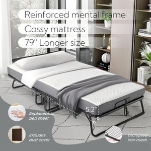 Mutital Twin Folding Bed for Adults – 13cm Mattress, Portable Rollaway with Wheels, Metal Frame, Storage Cover, 200x90cm