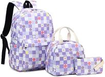 Mimfutu Flowers Checkered School Backpack for Teen Girls, 3-in-1 Kids Backpack Bookbag Set School Bags with Lunch Box Pencil Case (Purple)