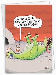 NobleWorks Hysterical Birthday Paper Card with 5 x 7 Inch Envelope (1 Card) for Men and Women, Dinosaur Barbecue C7888BDG