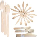 150pcs Disposable Wooden Cutlery Set - 100% All-Natural Disposable Biodegradable Wood Eco Friendly 50 Forks, 50 Knives, 50 Spoons