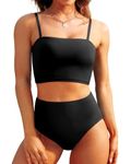 Tempt Me Women Bandeau Bikini Set Strapless High Waisted Two Piece Swimsuit Longline Bathing Suits, Black, Medium