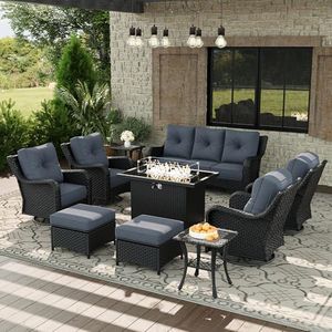 Aeeiua 10 Piece Patio Furniture Set with Fire Pit Table, All-Weather Wicker Outdoor Conversation Set with Swivel Rocking Chair and 6 Inch Thick Cushions