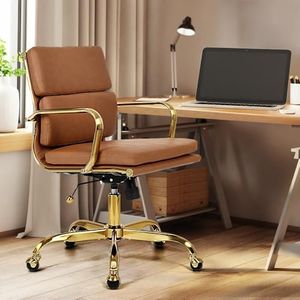 Furb Eames Office Chair with Adjustable Tilt Function, Lumbar Support Office Desk Chair, Adjustable Height Swivel Chair with Gold Armrests and Legs for Home（Tan）