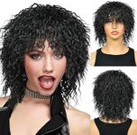 QUEENTAS Men’s 70s 80s Wig Black Mullet Wigs Halloween Disco Male Black Short Wig Punk Heavy Metal Rocker Curly Wig