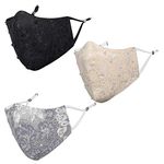 MASQ By Q-One Beaded 4 Layer, Reusable, Anti-Bacterial (BFE>99%) Nylon Lace Cloth Mask Combo for Women, Girls with Detachable Chain & Ear Adjusters (Large, Black-Grey-Beige, Without Valve, Pack of 3)