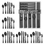 49-Piece Black Silverware Set with Organizer, Stainless Steel Flatware Set with Steak Knives for 8, AIKKIL Cutlery Set for Home Restaurant, Food-Grade Knives Forks and Spoons Silverware Set