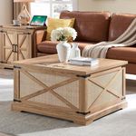 Farmhouse Square Coffee Table with Storage,Rattan Wood Center Table with Hinged Lift Top, Rustic Cocktail Table with Large Hidden Storage Compartment for Living Room, Bedroom,Natural