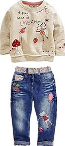 LUKYCILD Toddler Girl Clothes Baby Girl Long Sleeve Top + Jeans Pants with Pockets 2 Piece Outfit Cartoon Clothing Set