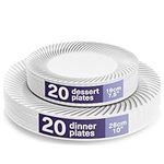 MATANA 40 Premium White Plastic Plates with Silver Rim - 20 x 25cm, 20 x 18cm - Elegant, Unbreakable & Reusable Party Plates for Weddings, Birthdays, Picnic, Parties