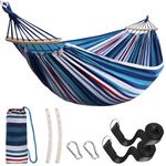 Anyoo Outdoor Cotton Hammock with Tree Straps, Comfortable Fabric Hammock with 40CM Curved Wooden Bar, Portable Hammock with Compact Travel Bag, Perfect for Indoor Balcony Garden Patio Yard