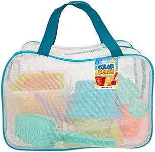 COLORBABY 49272, Juguetes de Playa para niños, Juguetes Arena, Bolsa Juguetes Playa, Cubo Arena, Ø18 cm, cedazo, Pala, rastrillo, regadera, moldes Arena, COLORBABY, 18mese