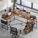 GYIIYUO L Shaped Desk 64+50 Inch, 2 Power Strips (6 AC) and LED, Large Gaming Desk with 3 Drawers & 2 Monitor Stands, L Shape Computer Desk, Stable and Sturdy Home Office Corner Desk, Rustic Brown