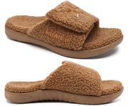 KuaiLu Mens House Slippers Size 14, Adjustable Winter Warm Open Toe Slider Slippers Slip-on Fur Sandals with Arch Support Indoor Outdoor, Khaki