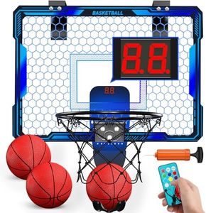 HYES Basketball Hoop Indoor, Mini Basketball Hoop with 7 LED Lighting, Mini Hoop with Electronic Scoreboard, 3 Modes, Remote Control, Over Door Basketball Hoop, Basketball Toys for Kids, Adults, Blue