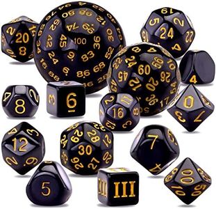 AUSTOR 15 Pieces Complete Polyhedral Dice Set D3-D100 Game with a Leather Drawstring Storage Bag for Role Playing Table Games(Black & Yellow) AU-22-1023