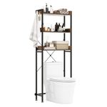 COSTWAY Over Toilet Storage Unit, 3-Tier Freestanding Bathroom Shelf Space Saver with 4 Hooks and Adjustable Bottom Bar, Metal Frame Wooden Tall Over The Toilet Rack Organizer (Rustic Brown+Black)