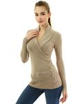 AmélieBoutik Women Shawl Collar Faux Wrap Lace Up Jumper - Beige - X-Large