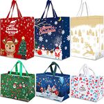 6 Pack Christmas Reusable Grocery Bag,3 Large 3 Medium Size Tote Bags with Handle, Gift Present Bag, Shopping Bag for Holiday Xmas Event Party