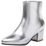 Lydee Women Fashion Ankle Boots Block Mid Heels Zipper Bootie Boots Pointed Toe Party Autumn Shoes Metallic Silver Size 39