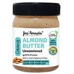 Jus' Amazin Creamy Almond Butter - Unsweetened (325 G)|25% Protein|Only Whole Almonds (100% Pure)|Zero Additives|Dairy Free Vegan Butter|Keto|Plant Based Nutrition|Clean Nutrition,200 Grams