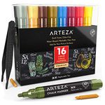 Arteza Liquid Chalk Marker Set of 16 (16 Pastel Colors, 16 Replaceable Chisel Tips, 1 pc Tweezers, 50 Labels, 2 Sticky Stencils), Water Based, Erasable Office Supplies for Chalkboards